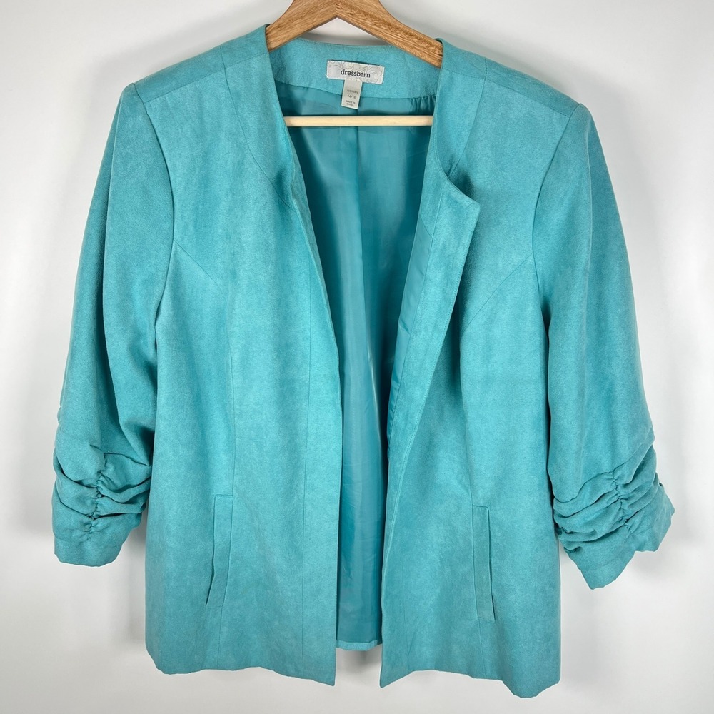 Dressbarn Woman Turquoise Faux Suede Ruched 3/4 Sleeve Open Front Blazer 14/16